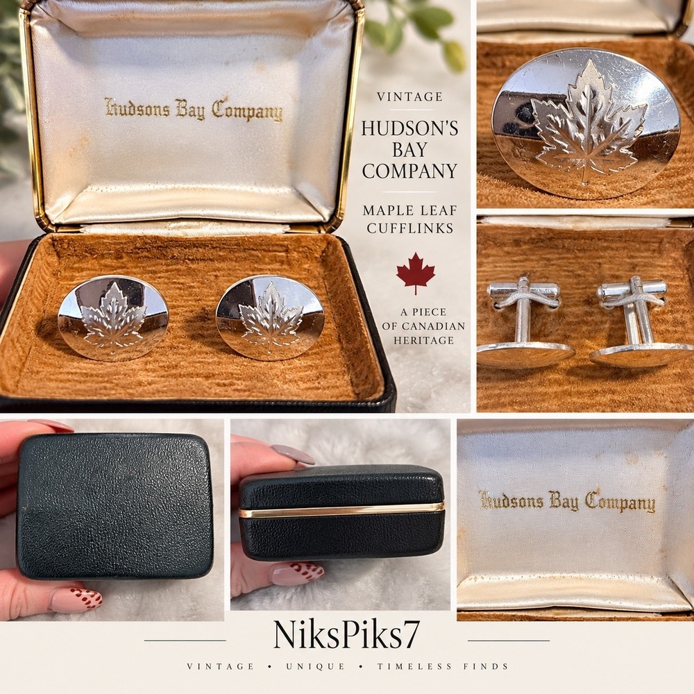 Vintage Hudson's Bay Company Maple Leaf Cufflinks Silver Tone Canada w/ Box